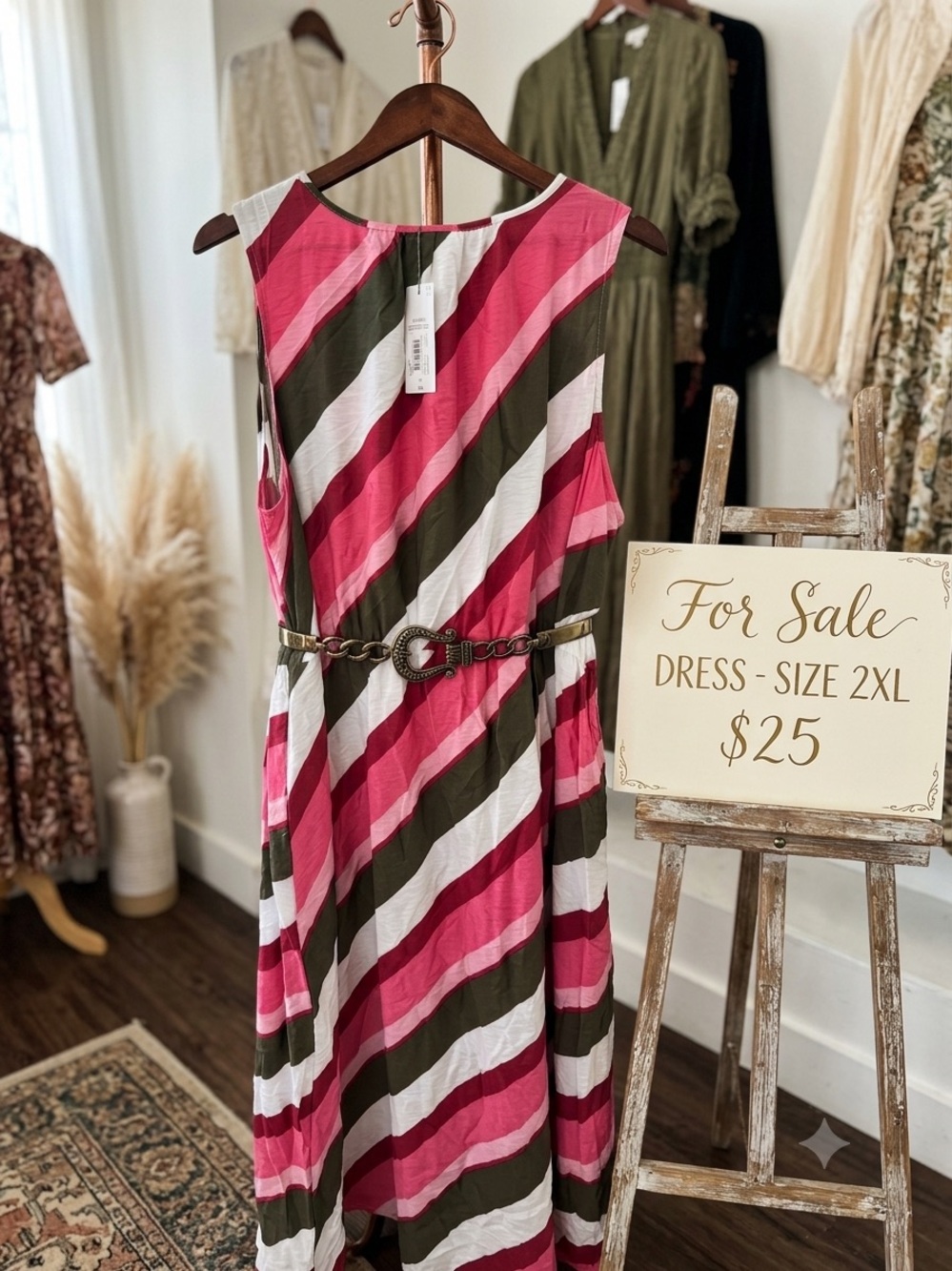 Liz Claiborne Pink, Olive & White Sleeveless Maxi Dress